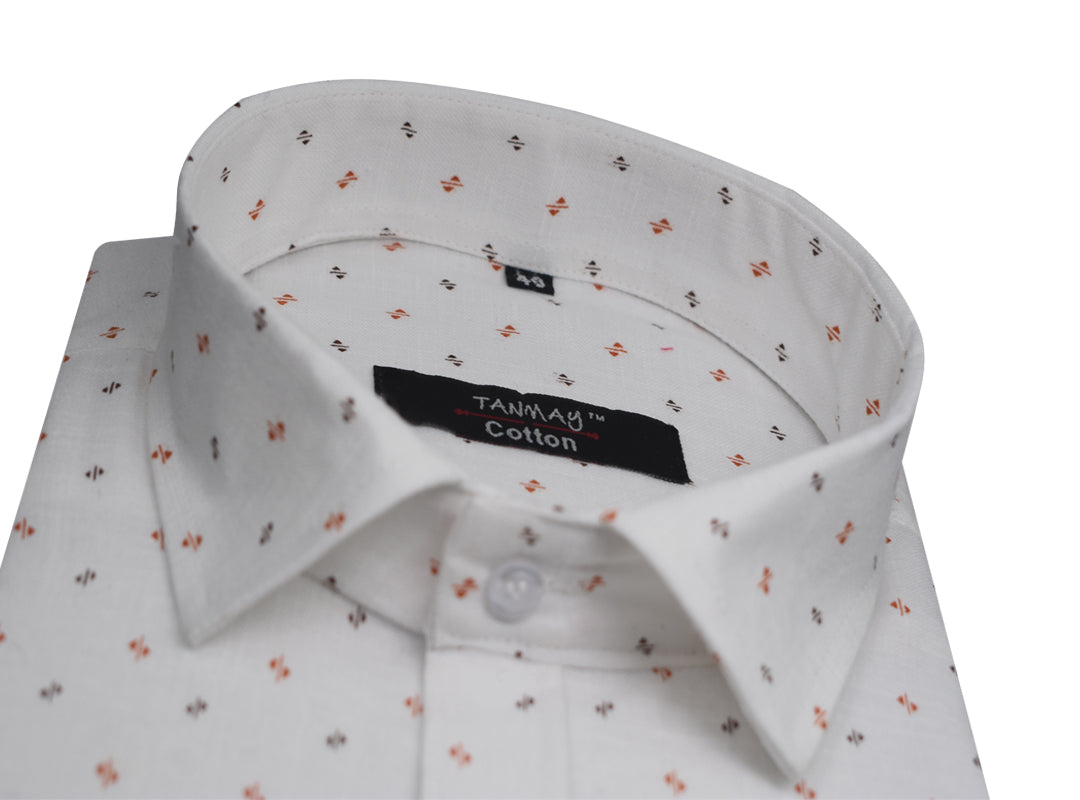 White Orange Triangle Printed Cotton Shirt For Men's