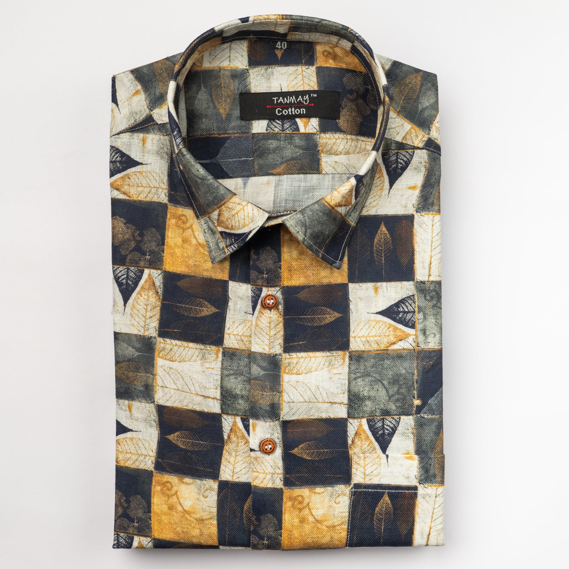 Golden Black Color Leaf Moroccan Printed Shirt For Men's