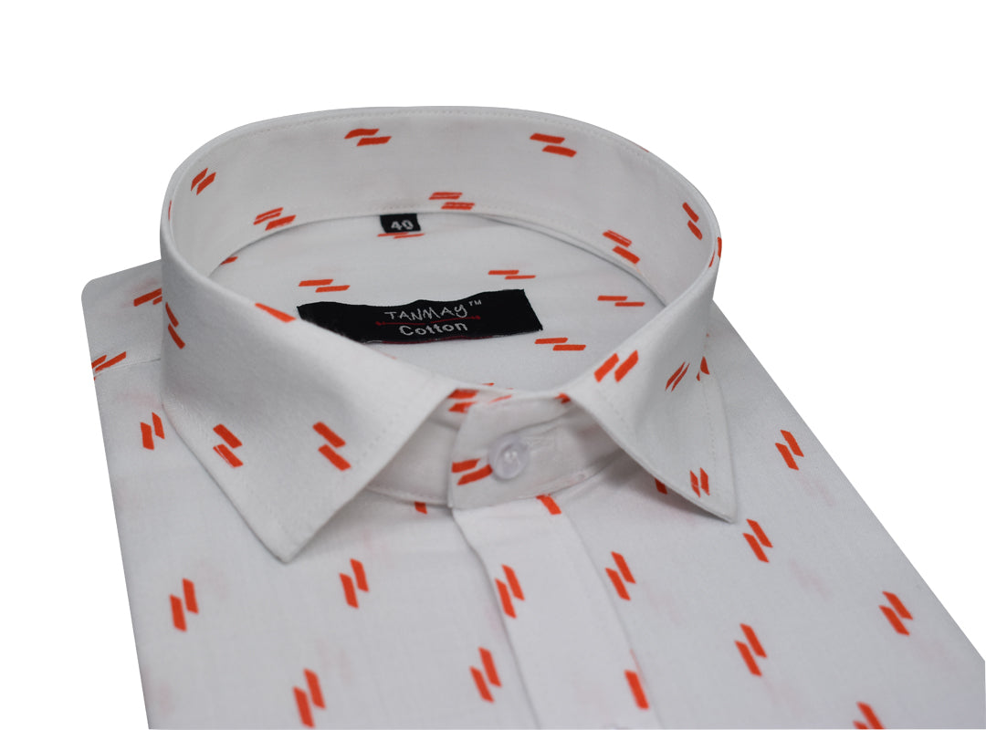 White Dark Orange Double Rectangle Printed Cotton Shirt For Men's