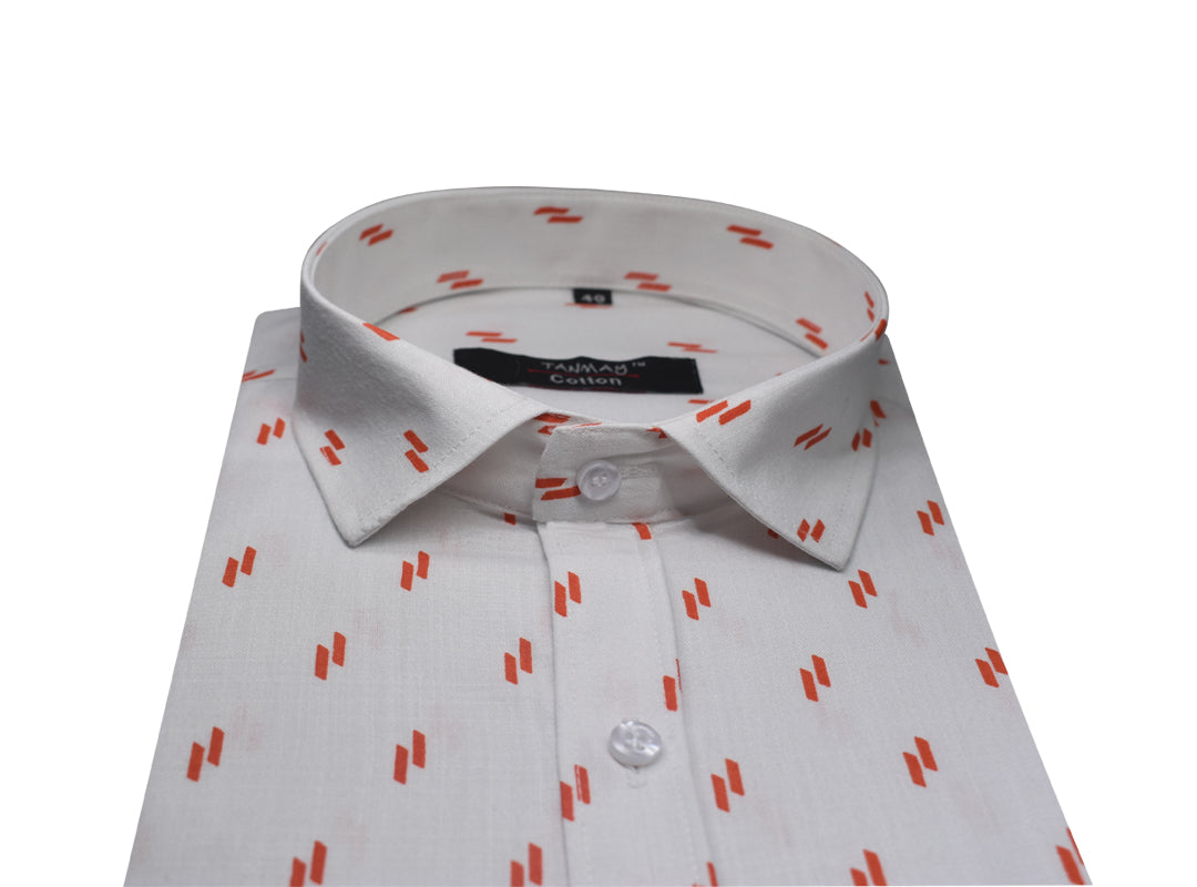 White Dark Orange Double Rectangle Printed Cotton Shirt For Men's