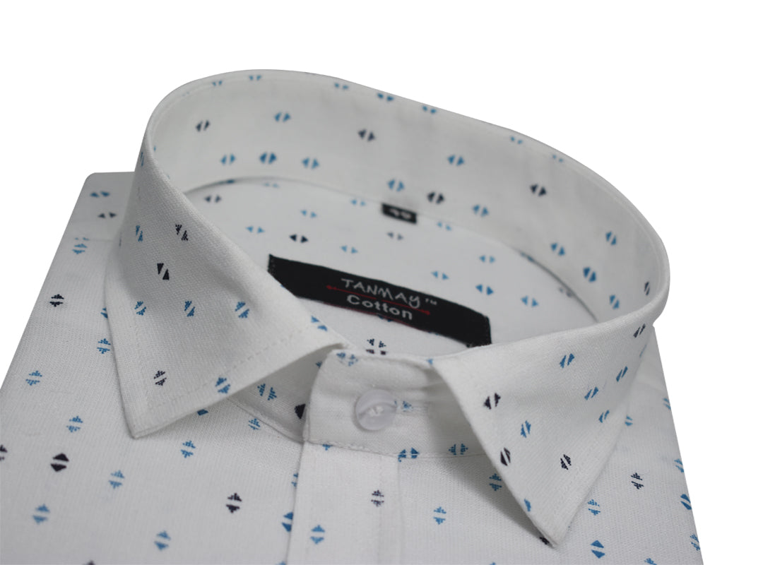 White Blue Triangle Printed Cotton Shirt For Men's