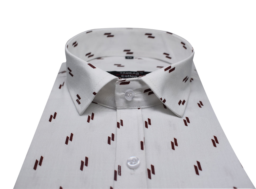 White Brown Double Rectangle Printed Cotton Shirt For Men's