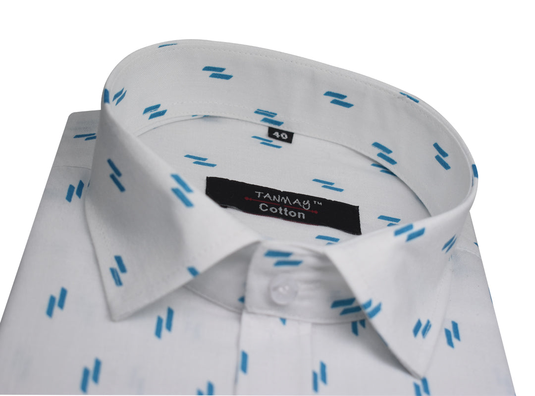 White Sky Blue Double Rectangle Printed Cotton Shirt For Men's