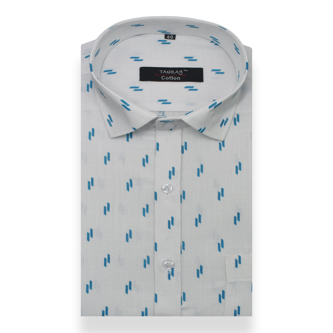 White Sky Blue Double Rectangle Printed Cotton Shirt For Men's